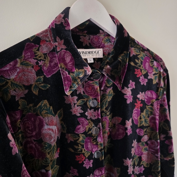 Windridge L Vintage 90s Whimsigoth Dark Romantic Floral Velvet Boyfriend Shirt - Picture 6 of 15